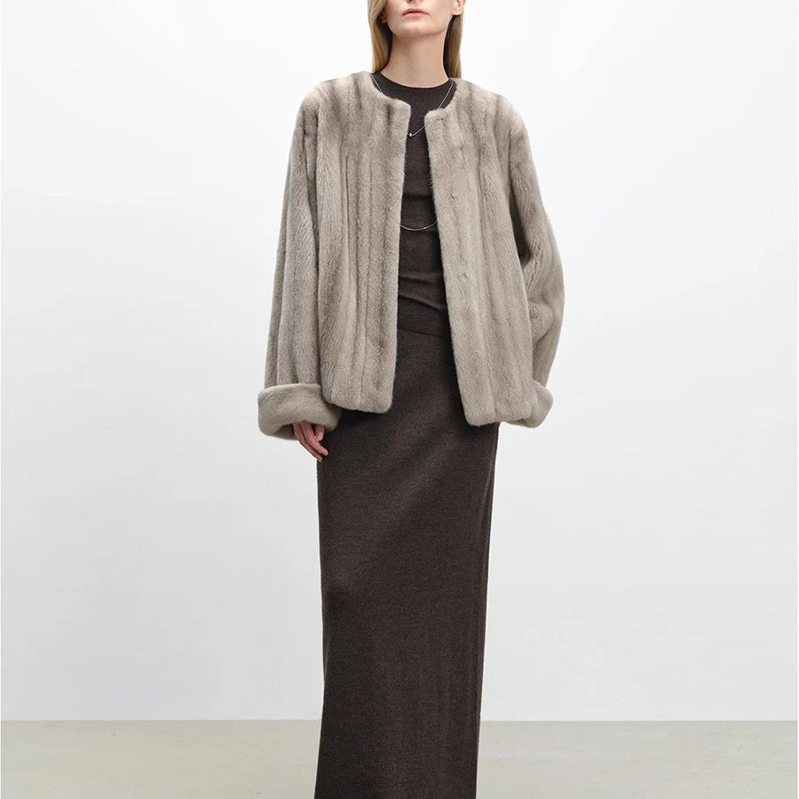 Lautaro Autumn Winter Short Luxury Elegant Thick Warm Soft Brown Faux Mink Fur Coat Women Long Sleeve Modern Chic Fluffy Jacket Silver-blue