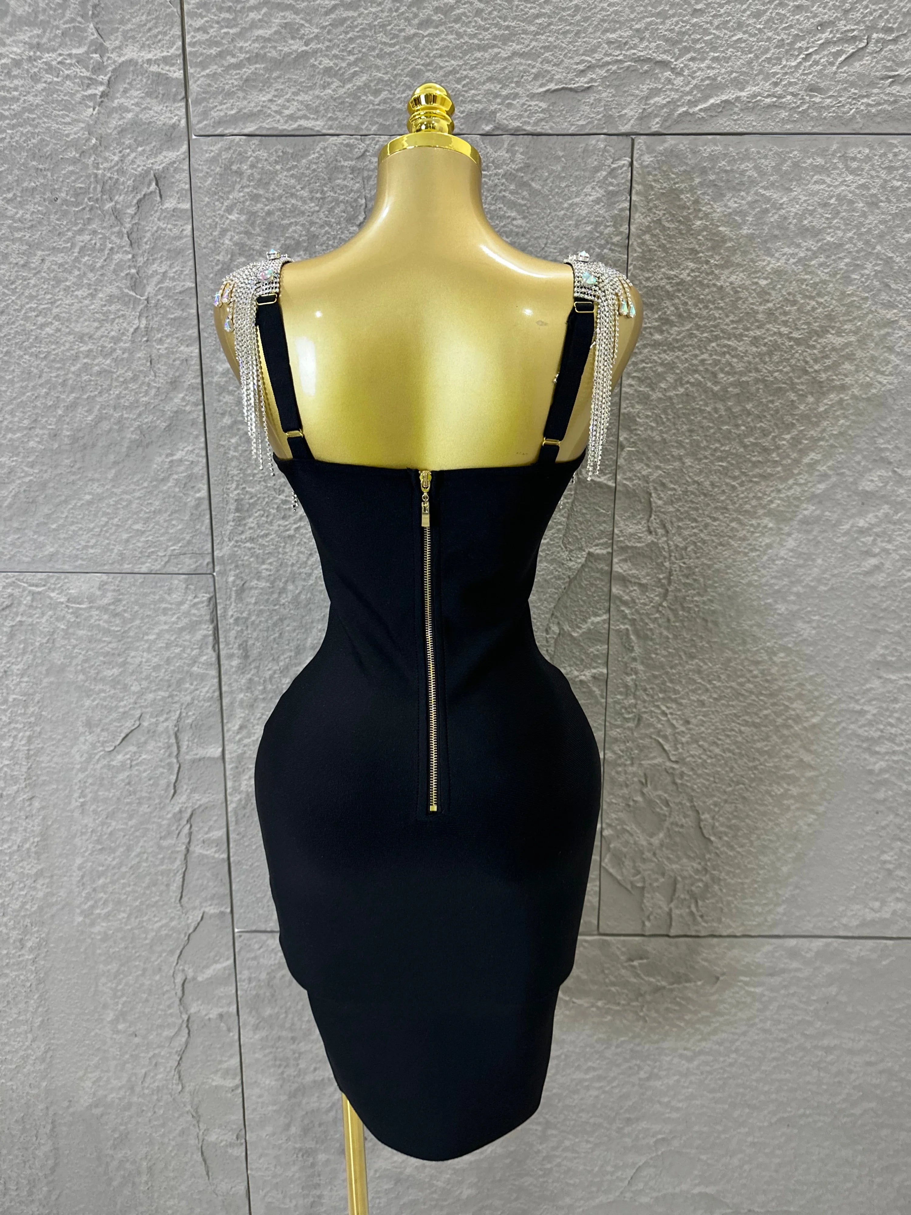 Elegant Sweetheart Neck Mini Dress Women Sexy Crystal Tassel Embellished Spaghetti Strap Bodycon Outfit Formal Event Party