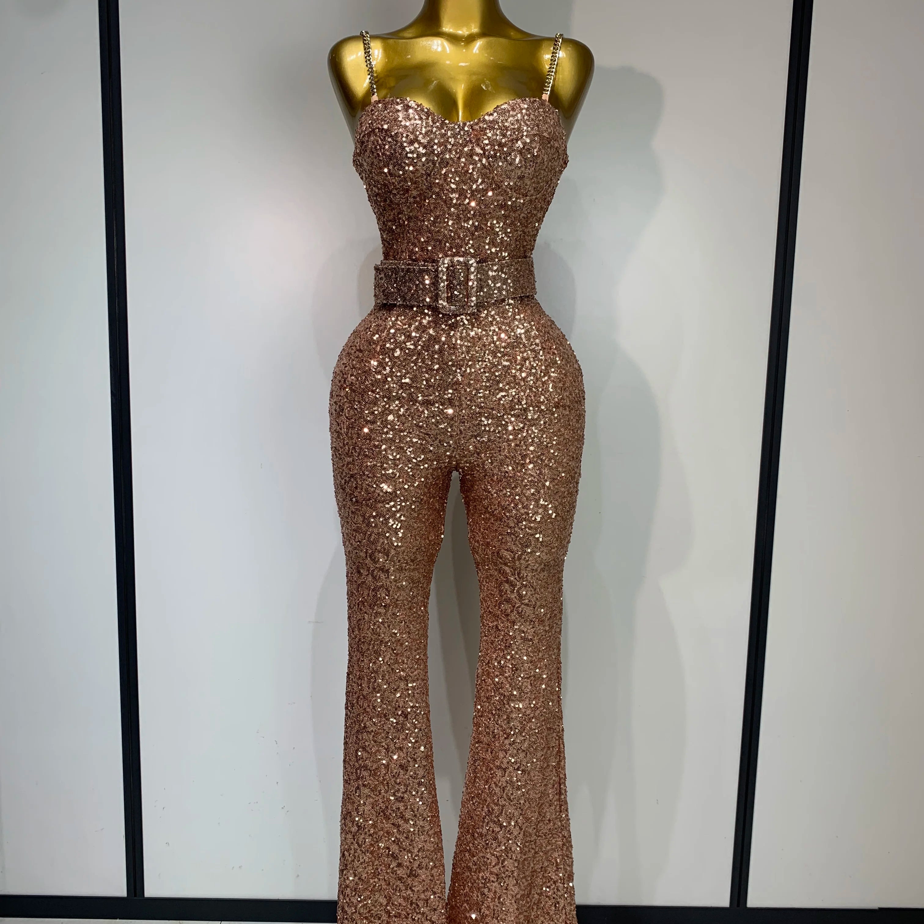 Women Sexy Backless Sleeveless Sequin Bodycon Jumpsuit Celebrity Elegant Evening Party Luxury Birthday Nightclub Outfit Rosal gold