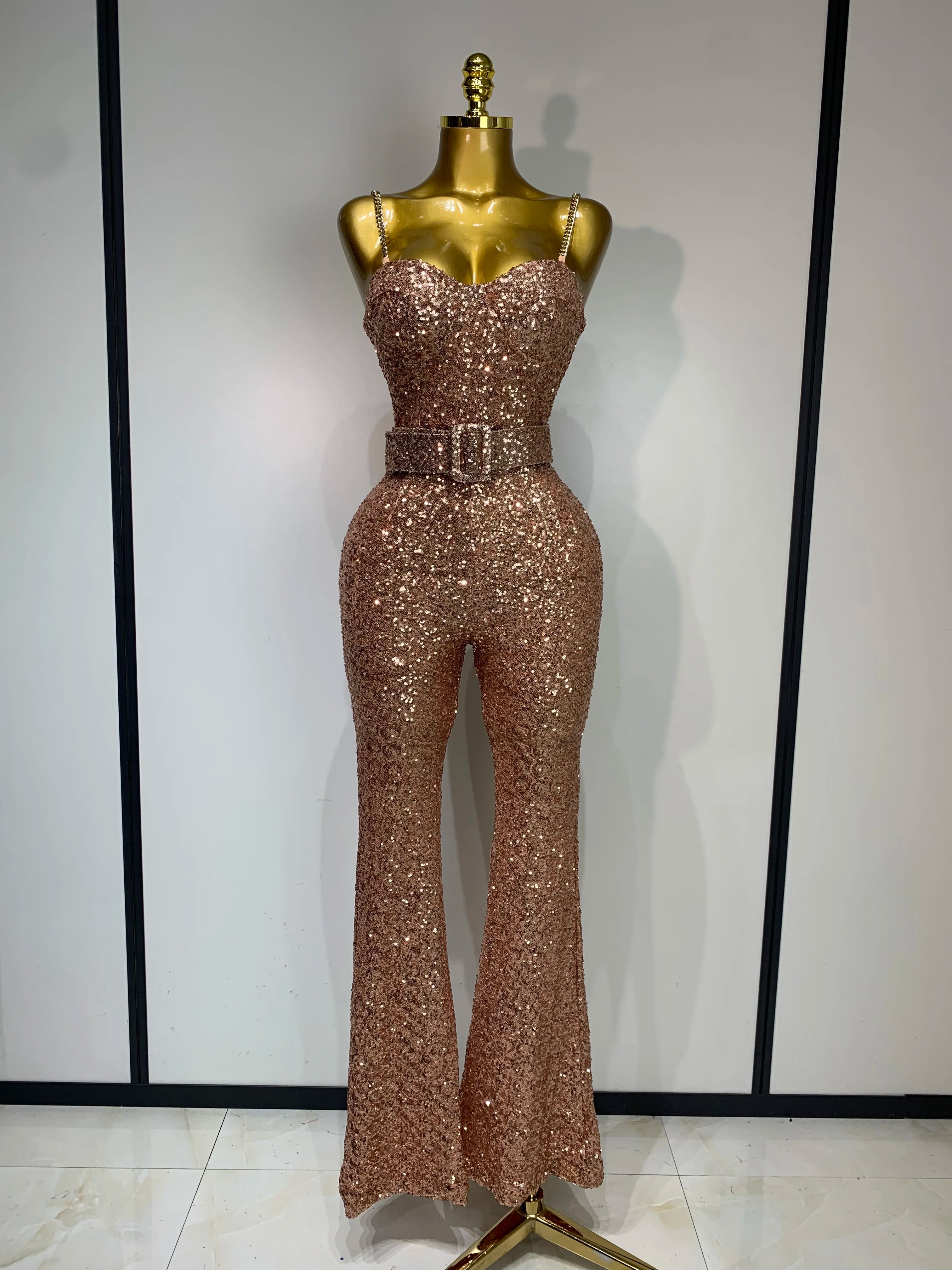 Women Sexy Backless Sleeveless Sequin Bodycon Jumpsuit Celebrity Elegant Evening Party Luxury Birthday Nightclub Outfit Rosal gold