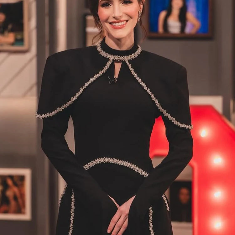 Elegant Black Long Sleeved Bodycon Mini Dress with Crystal Adorned Seams for a Special Event Gown