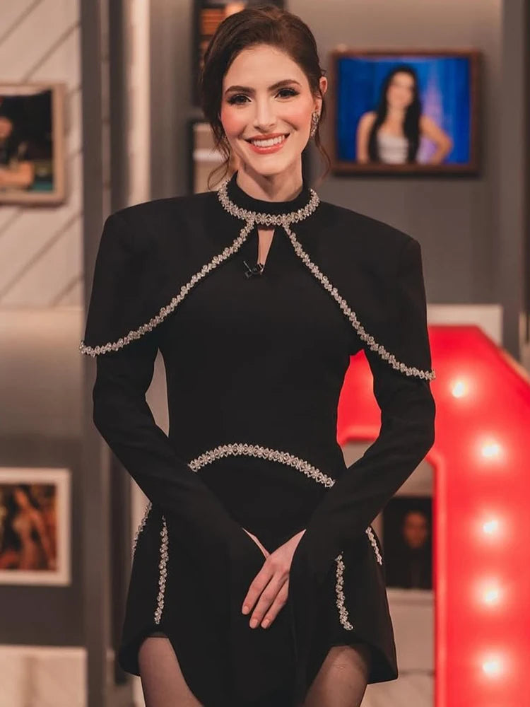 Elegant Black Long Sleeved Bodycon Mini Dress with Crystal Adorned Seams for a Special Event Gown