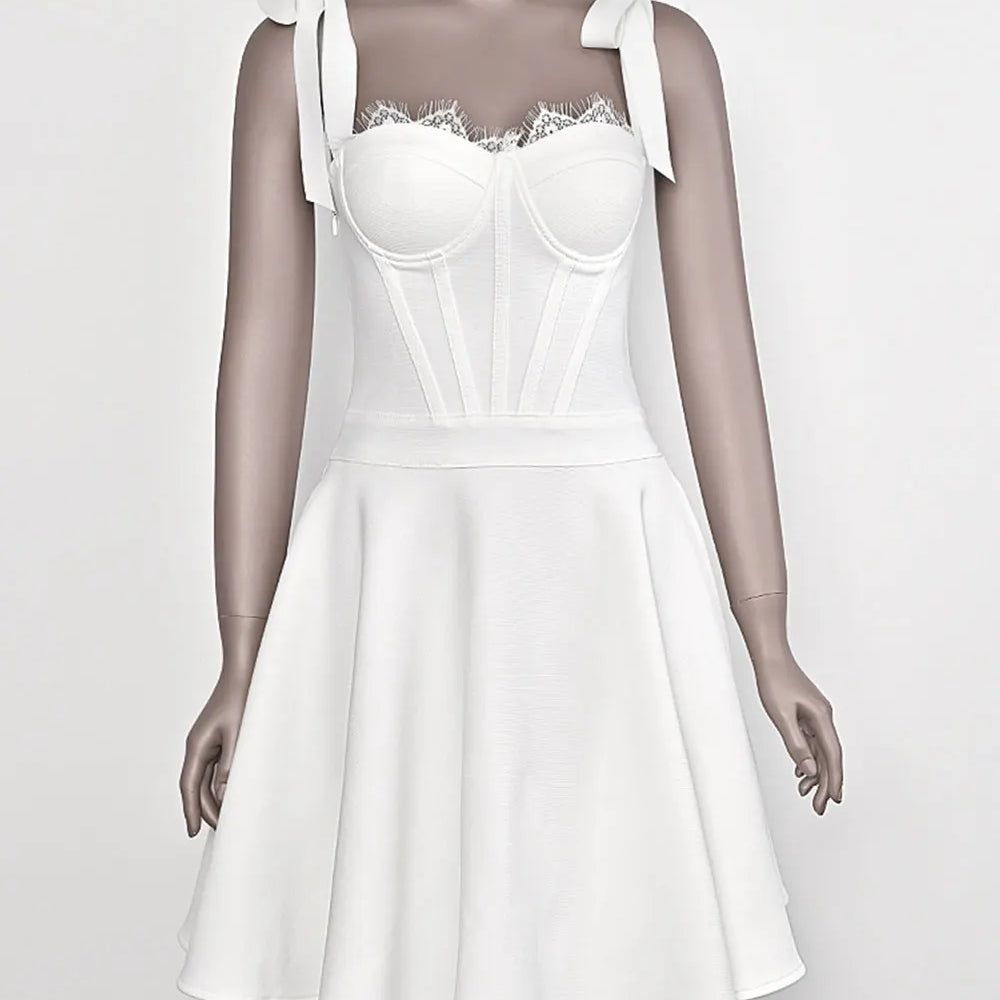 2025 Spring Sexy Women's Puff Bandage Dress Spaghetti Strap Lace Design Sleeveless A-line Mini Dresses Evening Party Vestidos WHITE