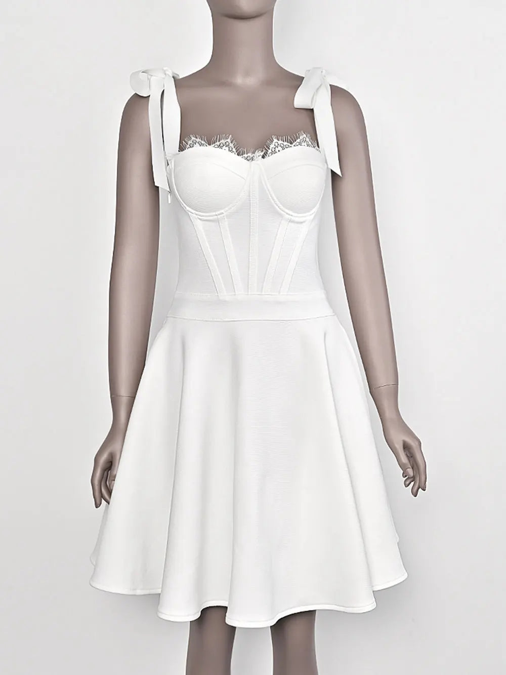 2025 Spring Sexy Women's Puff Bandage Dress Spaghetti Strap Lace Design Sleeveless A-line Mini Dresses Evening Party Vestidos WHITE