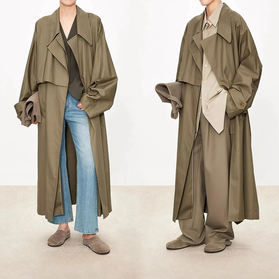 Lautaro Spring Autumn Oversized Khaki Flowy Long Trench Coat for Women Sashes Luxury Loose Casual Korean Fashion Overcoat 2025
