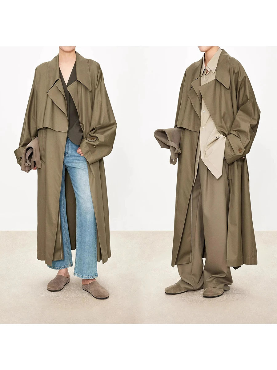 Lautaro Spring Autumn Oversized Khaki Flowy Long Trench Coat for Women Sashes Luxury Loose Casual Korean Fashion Overcoat 2025
