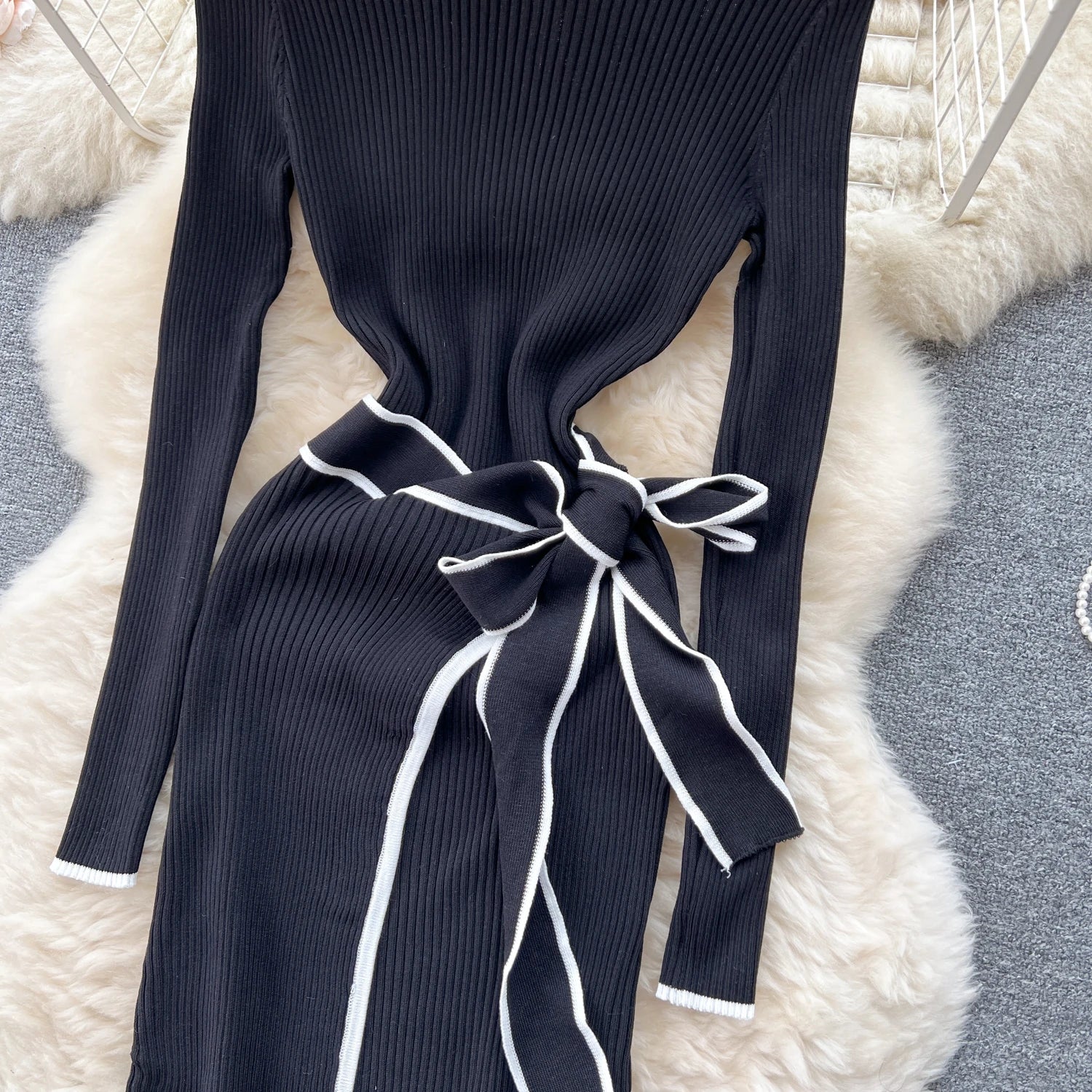 Women Knitted Dress Autumn Winter Slim Lace-up Long Sleeve Bottoming Black Sweater Dress Elegant Office Lady Vestidos