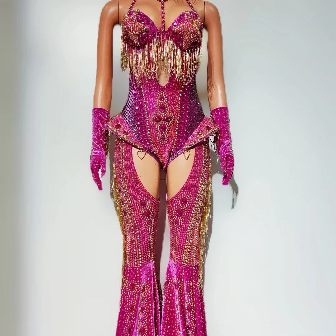 Sparkly Rhinestone Tassel Luxury Bodysuit 4Piece Set Cowboy Night Out Party Outfit Stage Show Jumpsuit Carnival Wear Hongding