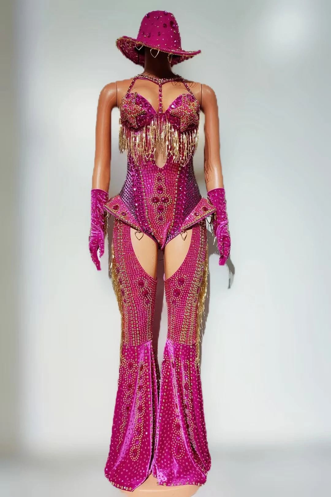 Women Sparkly Rhinestone Bodysuit 4Pieces Set Night Party Cowboy Show Outfit Cabaret Carnival Showgirl Sexy Jumpsuit Hongding