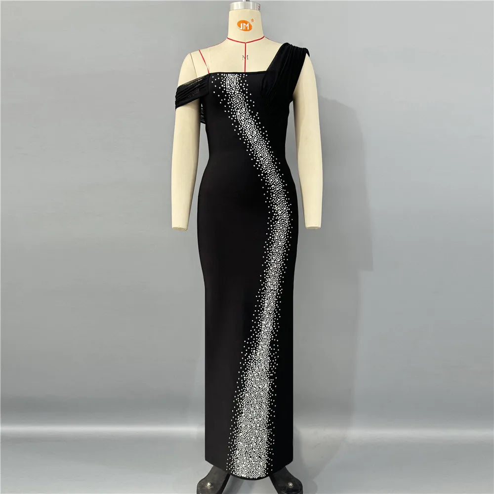 Top Quality Women Sexy Strapless Shinning Rhinestones Bodycon Long Bandage Dress Celebrate Nightclub Party Birthday Outfit