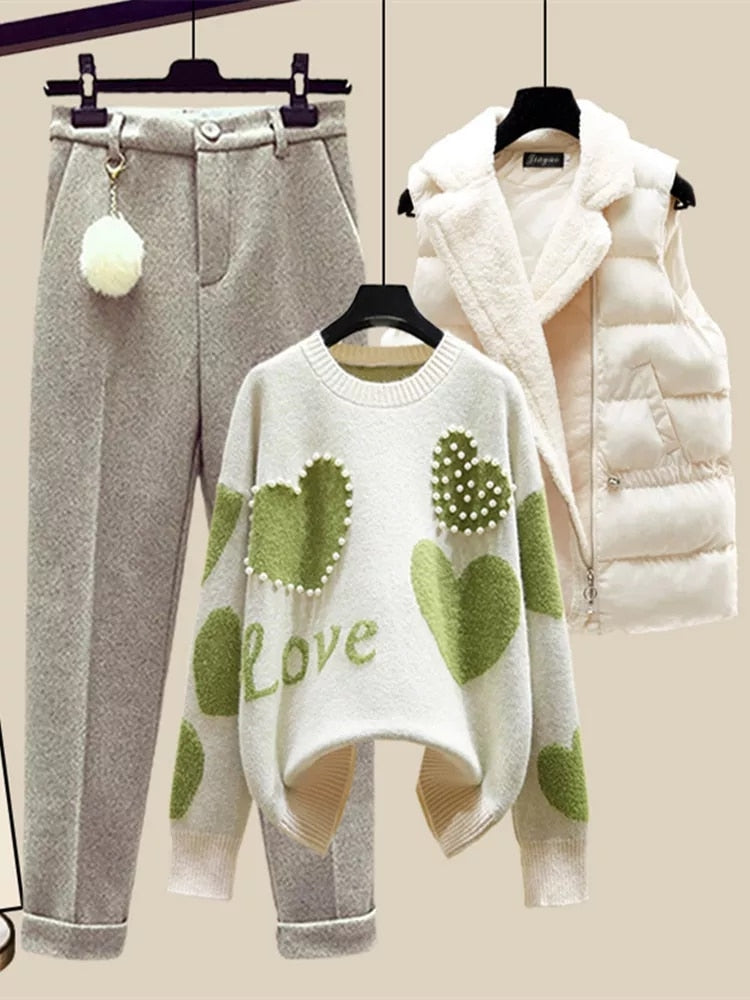 Winter New Warm Sweater 3 piece set Women Korean Fashion Sweet Heart-shaped beaded Sweater +Lamb wool vest +Pants Suits Green 3 Piece set