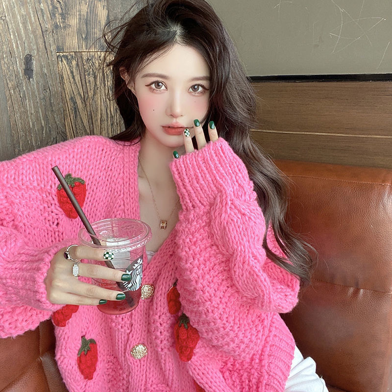 Women Harajuku Strawberry Loose Cardigan Sweater Fall Fashion Long Sleeve Korean Tops Chic Female Preppy Style Y2k Sweater Pink