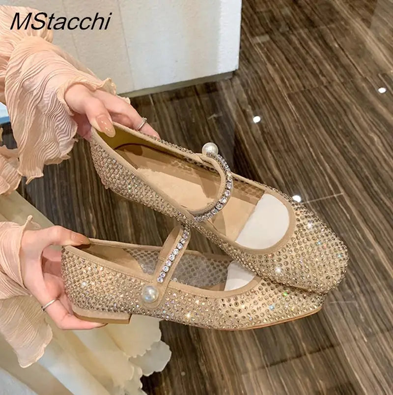 Mesh Crystal Pearl Flat Shoes Woman Square Toe Office Lady Luxury Shoes Big Size Mary Janes Shoes 2025 New Spring Single Shoes