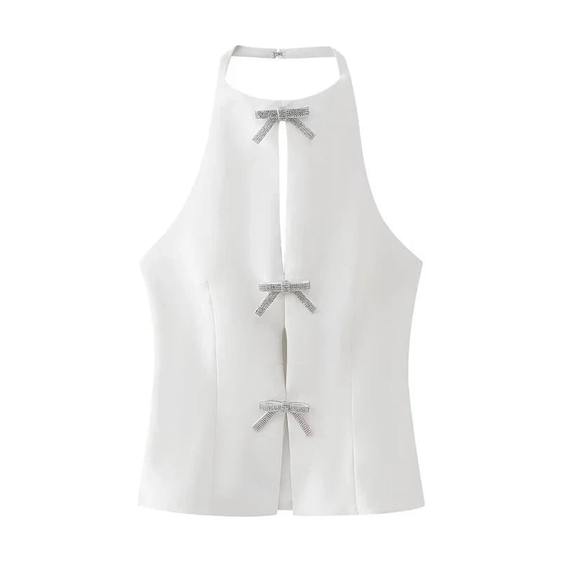 Elegant Rhinestones Bow Halter Vest Women Sleeveless Backless Hollow Out Lace Up Female Tops Summer Fashion Lady Sling Top 01 white
