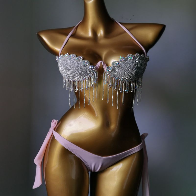 Push Up Gathered Sexy Bikini Luxury Crystal Diamond Women's Swimsuit High-End Rhinestone Tassels Swimwear Biquini Pink