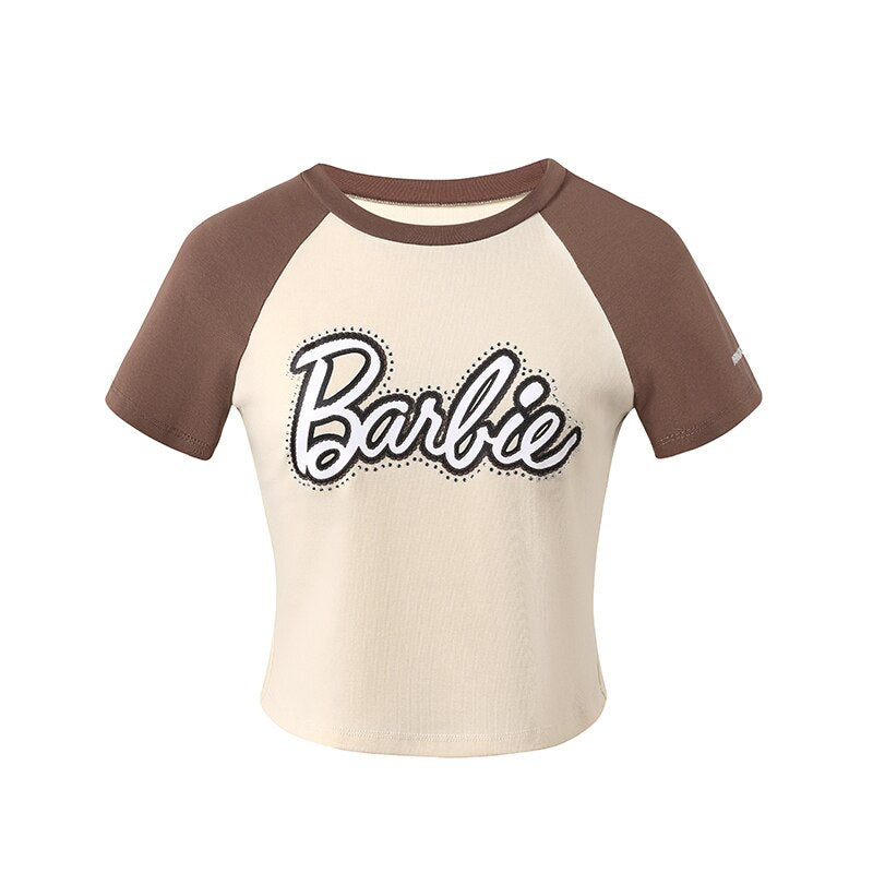 Underpass X Barbie Print Hot Drill Navel Slim Fit Contrast Short-Sleeved T-Shirt Y2K Girls Skinny Short Sleeves Fashion Soft Top brown