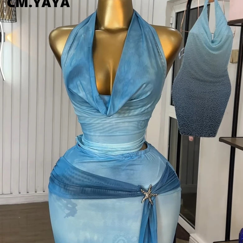 Women Tie Dye Printed Halter Pile Neck Crop Top and Bodycon Midi Maxi Long Skirt Suit 2025 Summer Two 2Piece Set Outfits