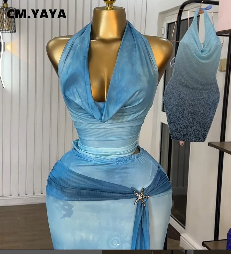 Women Tie Dye Printed Halter Pile Neck Crop Top and Bodycon Midi Maxi Long Skirt Suit 2025 Summer Two 2Piece Set Outfits