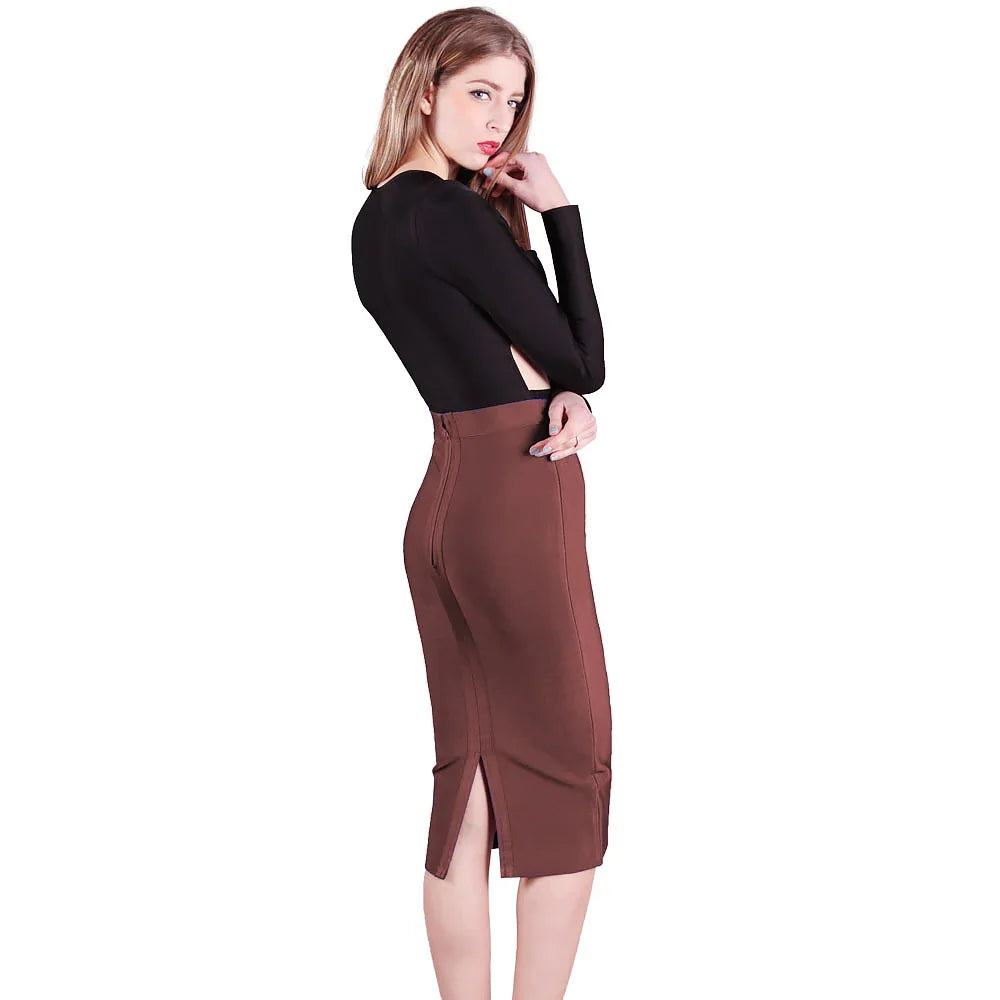 HQBORY Sexy Nude Beige Bandage Skirts Midi 2023 Women Summer Red Split Party Skirt Bodycon High Waist Office Lady Skirt Brown