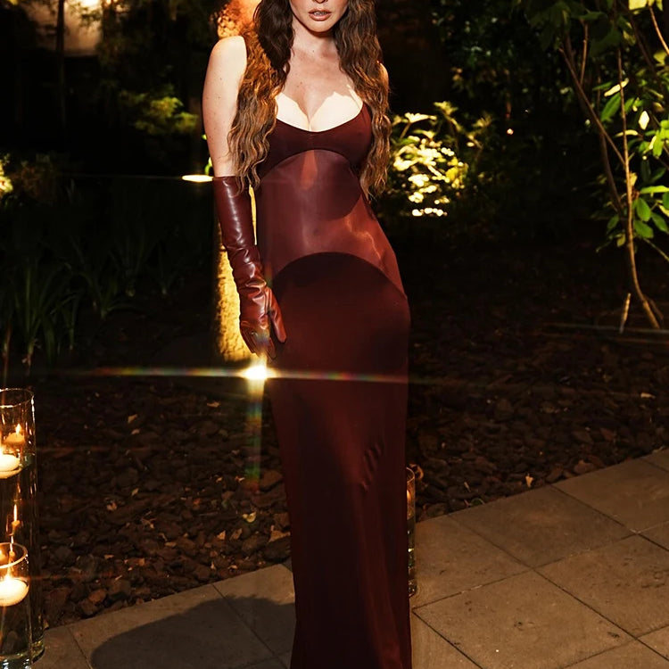 Burgendy See Through Mesh Patchwork Long Dress 2025 Summer Backless Skinny Tight Maxi Bodycon Cocktail Party Wear Vestidos