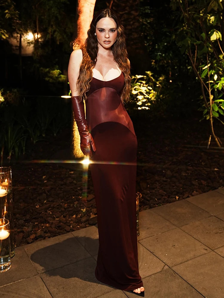 Burgendy See Through Mesh Patchwork Long Dress 2025 Summer Backless Skinny Tight Maxi Bodycon Cocktail Party Wear Vestidos