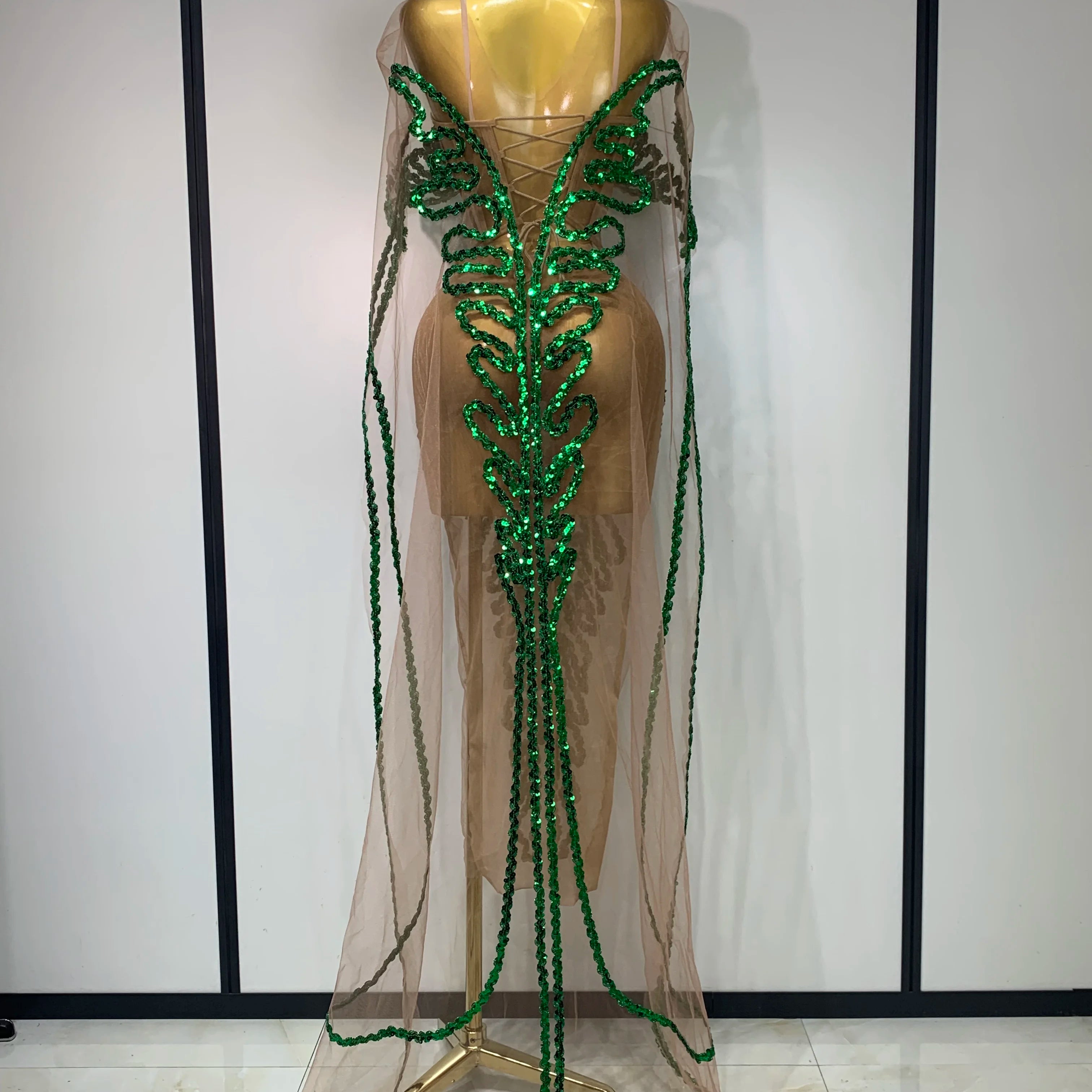Sexy Mesh See Through Long Dress Sparkly Green Sequins Night Club Party Dress Cloak Birthday Celebrate Drag Queen Stage Costumes