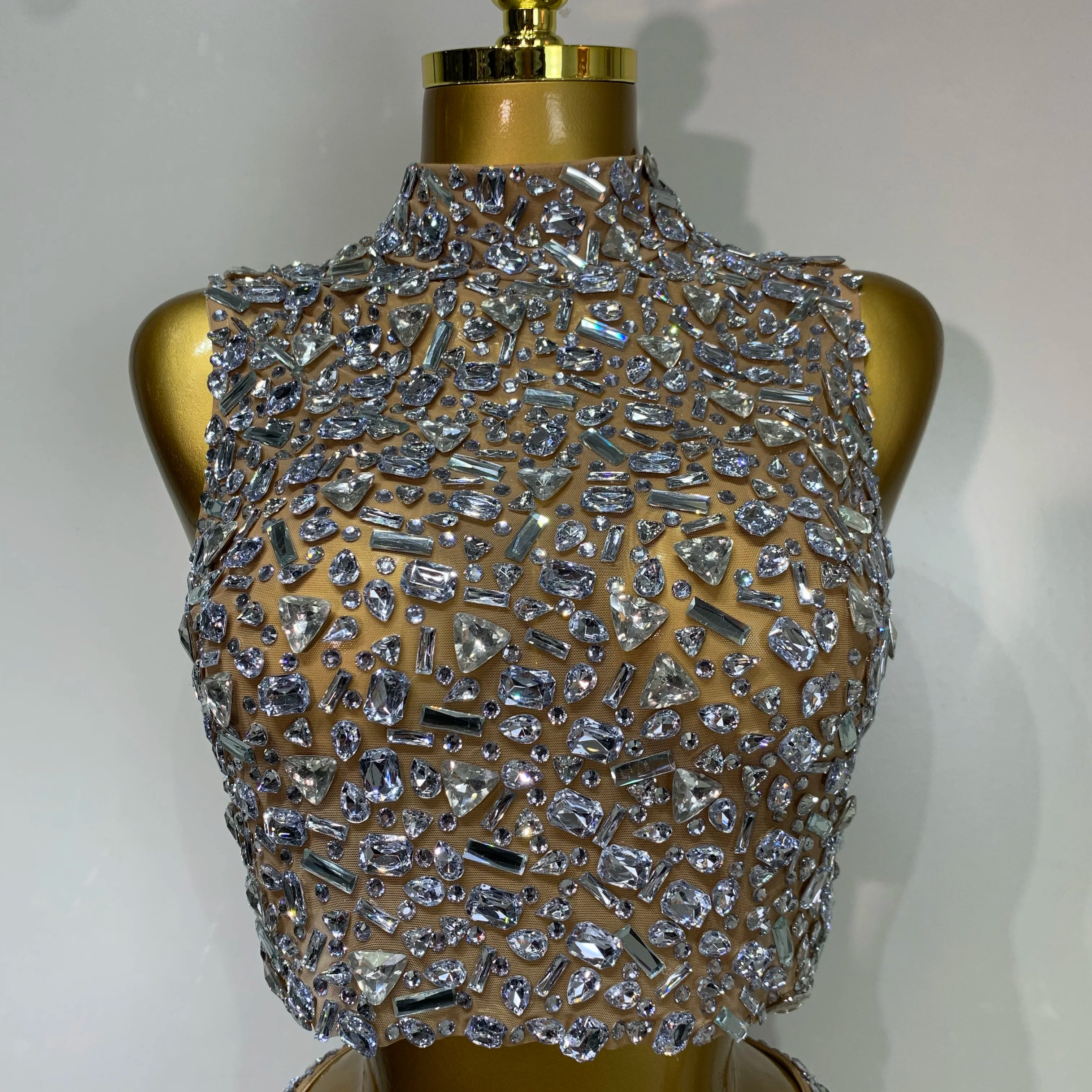 Sparkling Rhinestone Sexy See Through Blackless Top Skirt Two Pieces Set Woman Luxury Birthday Evening Party Gowns