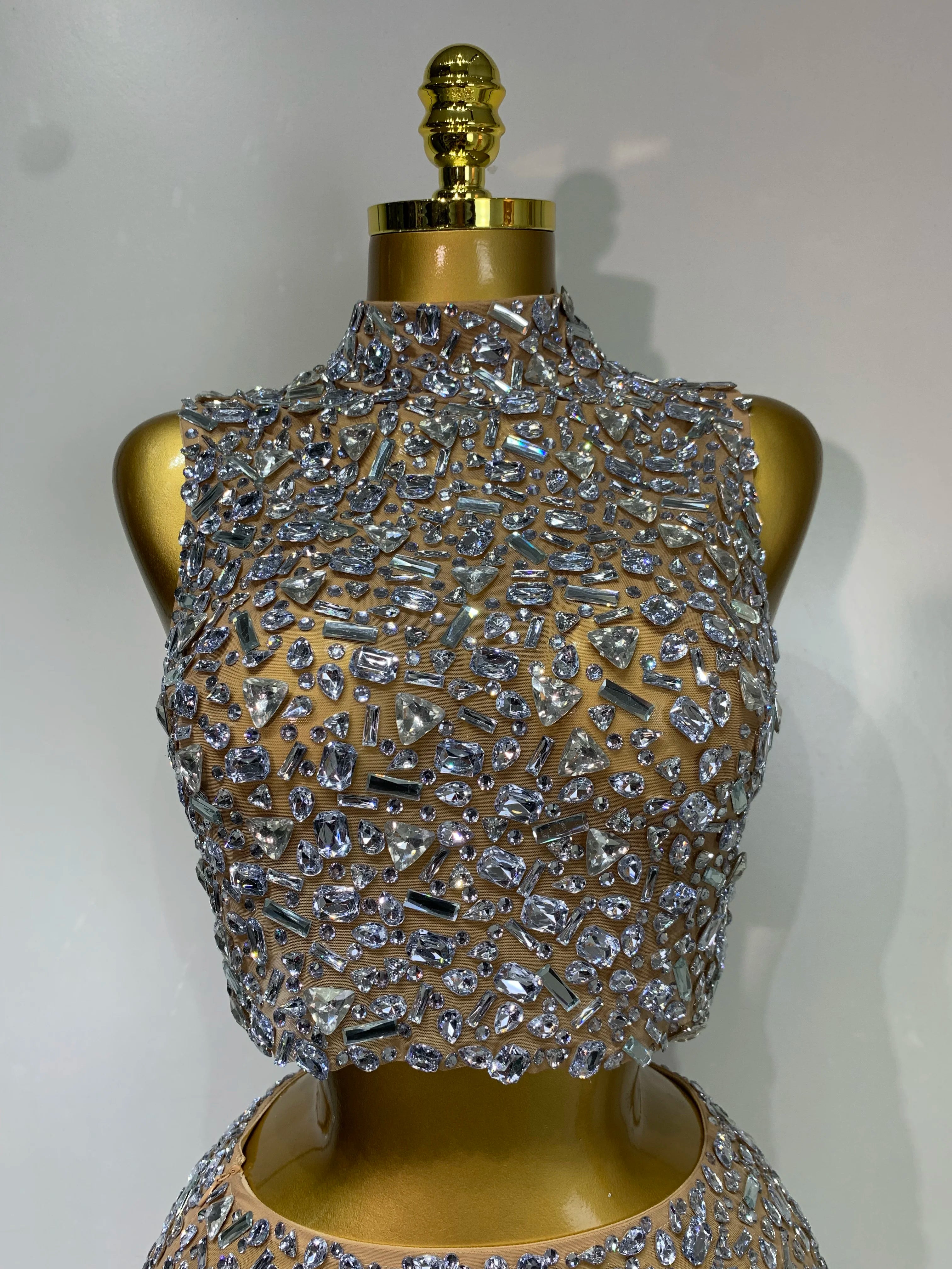 Sparkling Rhinestone Sexy See Through Blackless Top Skirt Two Pieces Set Woman Luxury Birthday Evening Party Gowns