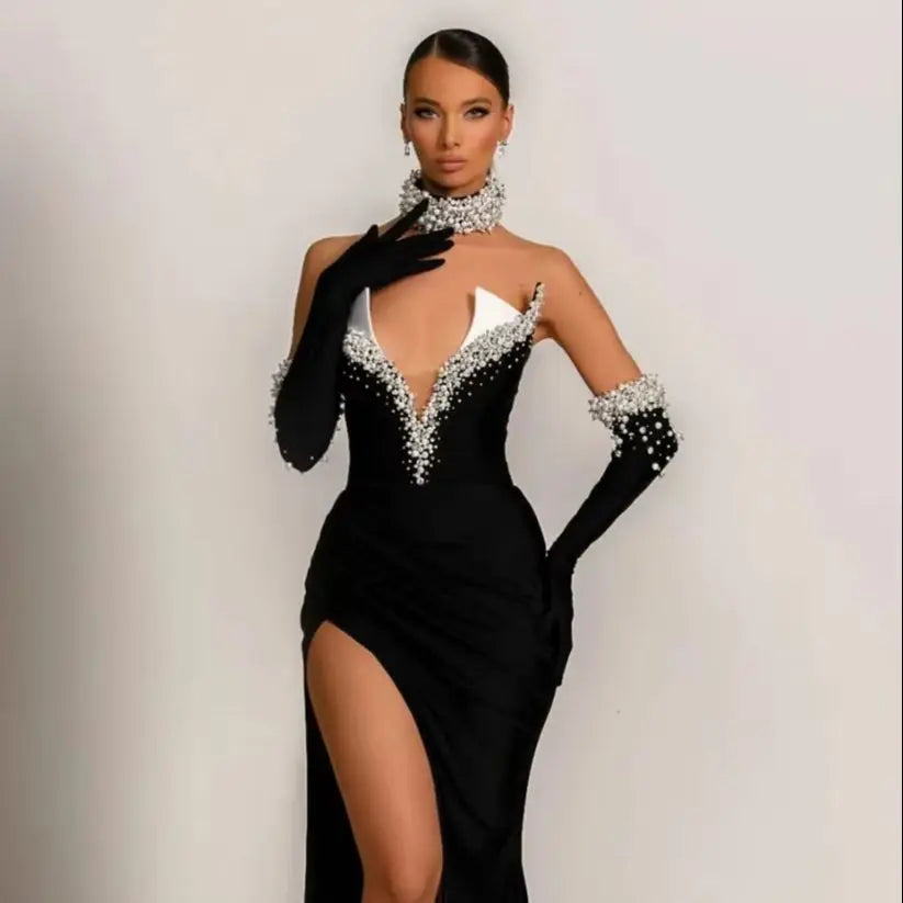 Luxury Pearl Beading Necklace Fashion Golves Black Velvet Strapless Floor Length Dress Celebrity Party Dress Birthday Vestido