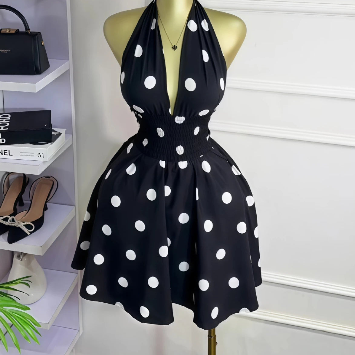 CM.YAYA Women Dot Printed Sleeveless Halter V-neck Big Swing A-line Mini Dress 2025 Summer Vacation Sexy Party Evening Dresses