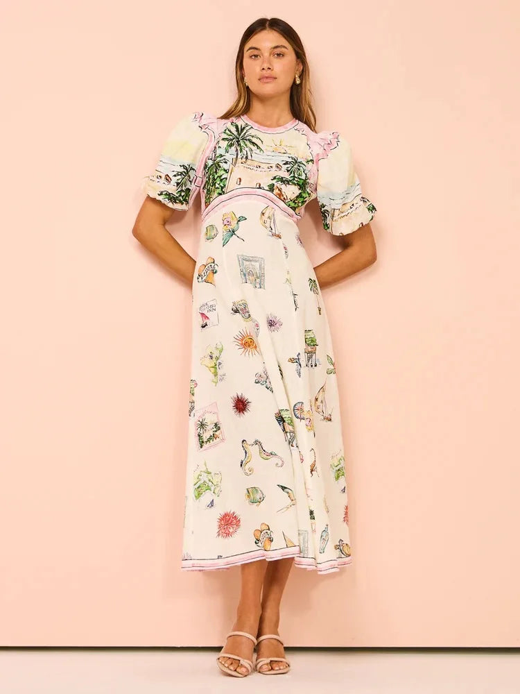 Women Casual Print Empire Waist Long Dress Short Sleeve Comfortable Loose Vintage Robe Party Club Vestidos Spring NEW print