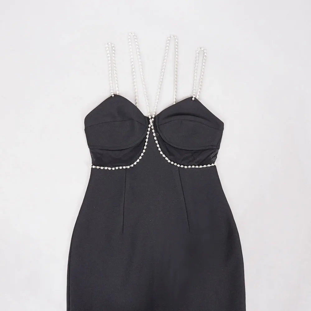 2025 Spring Women's Water Diamond Chain Strap Sleeveless Bandage Dress Patchwork Bodycon Long Dress Evening Club Party Vestidos