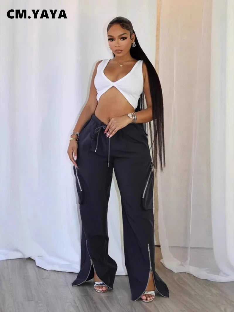 Women Fashion Zipper Pocket Side Zip Fly Split Hem Wide Leg Safari Style Pants 2025 Drawstring Summer Cargo Trousers