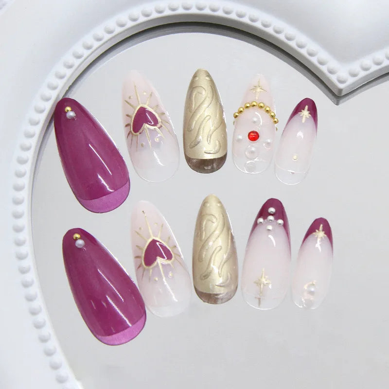 24pcs Sweet Cool False Nails Purple Love Almond Fake Nails Tips for Women Wearable Detachable Spice Girl French Press on Nails