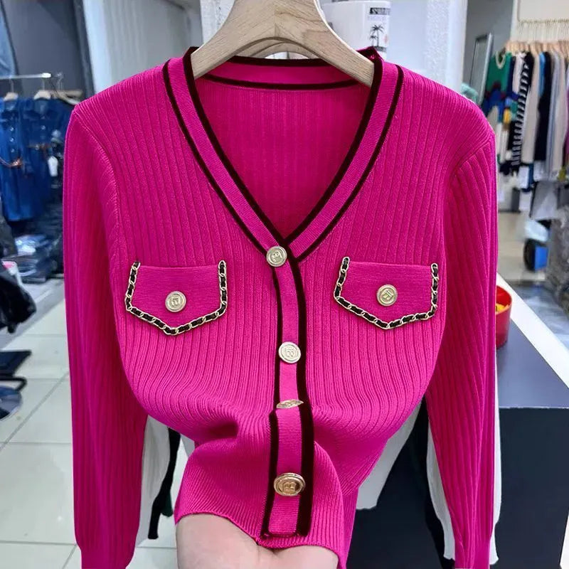 Temperament V Neck Knitting Slim Short Sweaters Spring Autumn New Long Sleeve Button Pullovers Fashion Elegant Women Clothing Rose Red