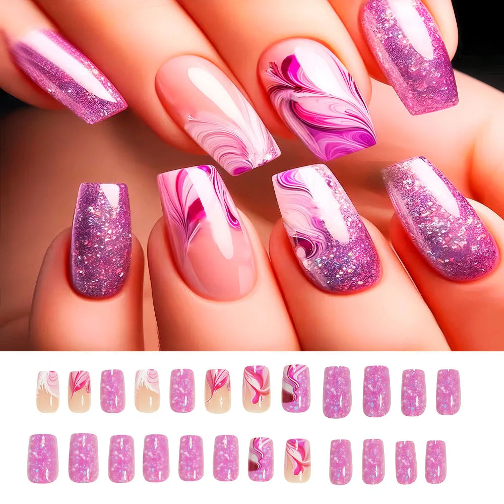 24pcs/set Short Medium fake nails for women girls gradient shiny glitters heart french Square almond tips Press on false nail 2319