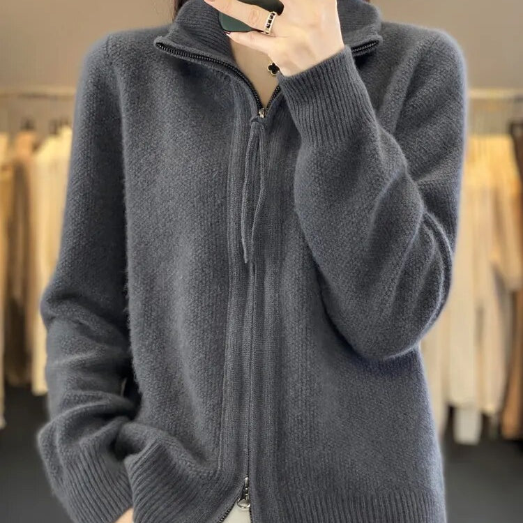 Women's Wool Knitting Sweater Clothing Autumn/Winter Casual Loose Top Fashion Korean Cashmere Large Zipper Jacket Dark Grey