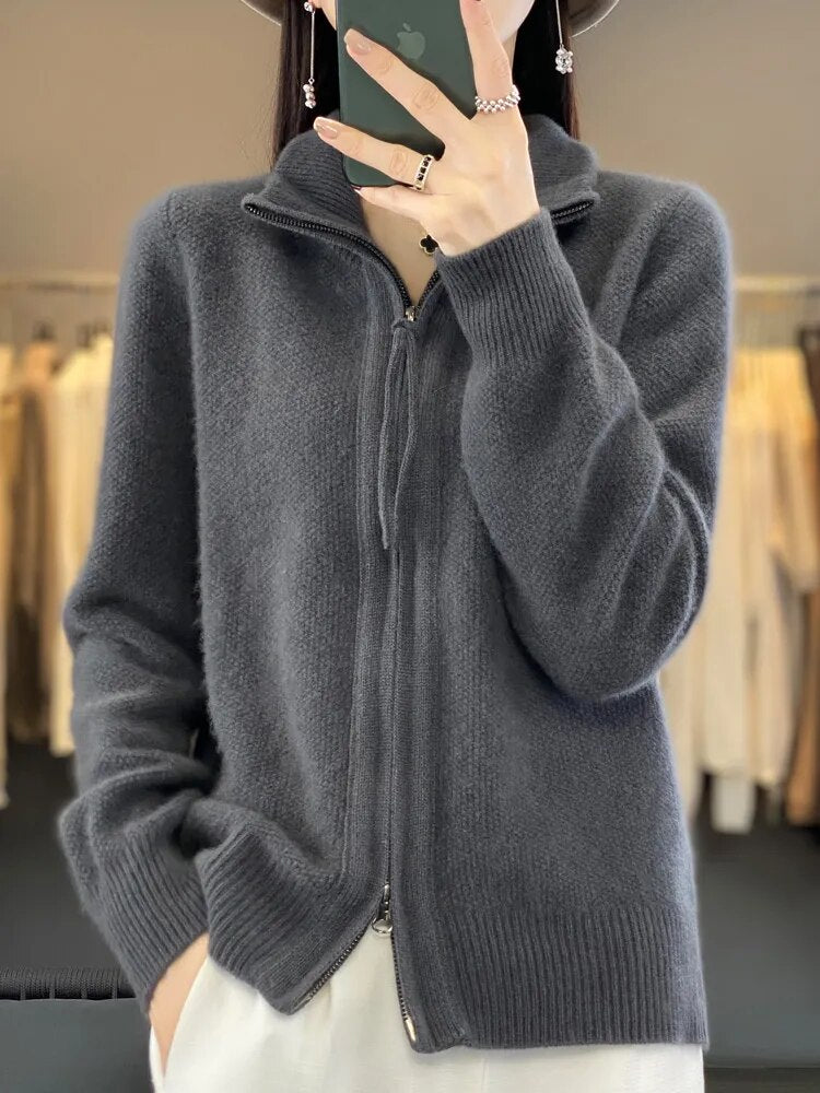 Women's Wool Knitting Sweater Clothing Autumn/Winter Casual Loose Top Fashion Korean Cashmere Large Zipper Jacket Dark Grey