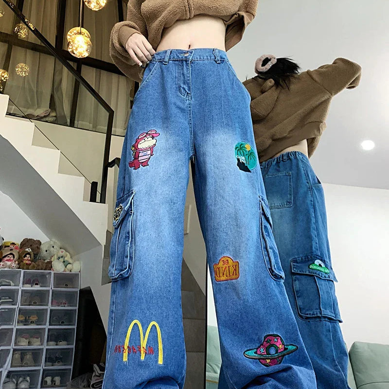American Pink Cartoon Embroidered Baggy Cargo Mom Jeans for Women Spring New Waist Slimming Wide Leg Pants Trousers Female Blue