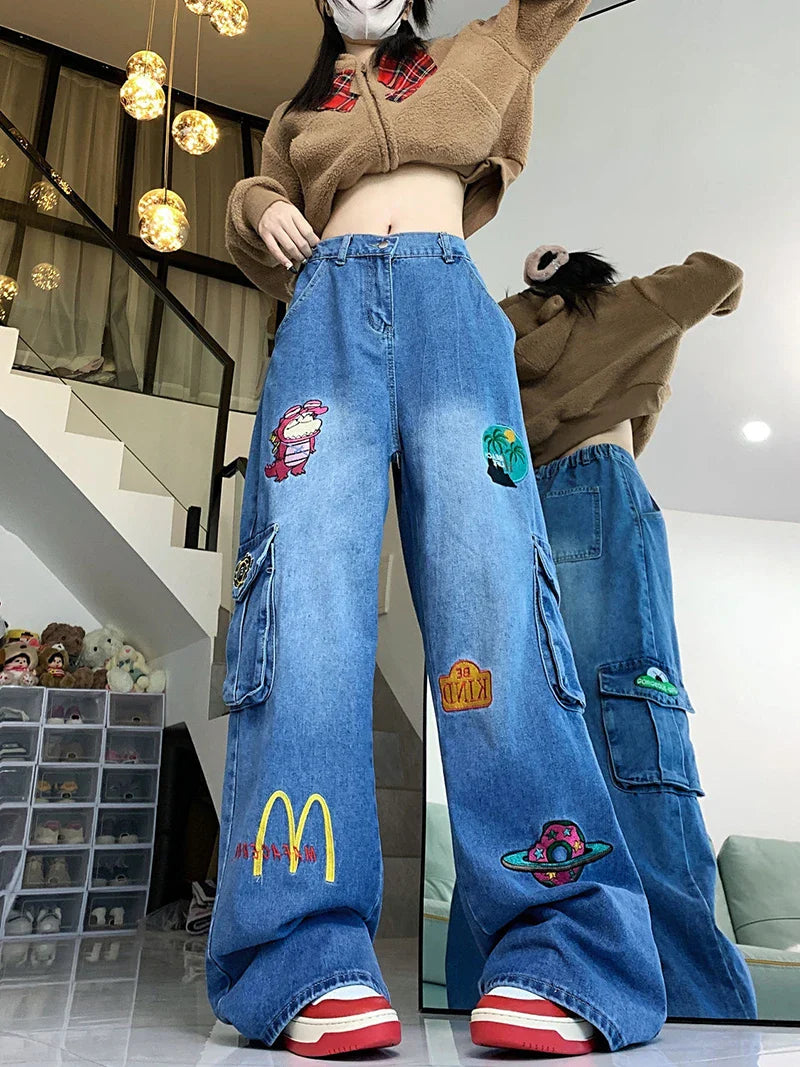 American Pink Cartoon Embroidered Baggy Cargo Mom Jeans for Women Spring New Waist Slimming Wide Leg Pants Trousers Female Blue
