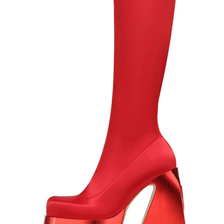 Thick Soled High Tube Thick High Heel Thin Leg Elastic Boots Square Head Punk Style Knee High Women's Boots Fashion Boots red