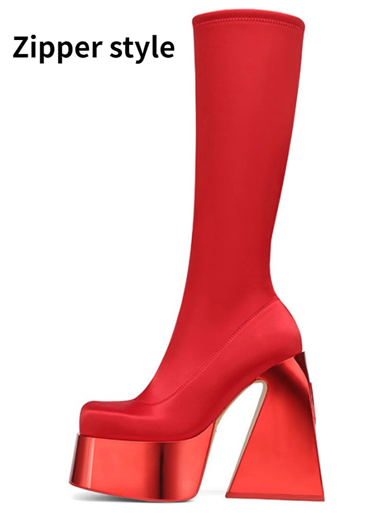Thick Soled High Tube Thick High Heel Thin Leg Elastic Boots Square Head Punk Style Knee High Women's Boots Fashion Boots red