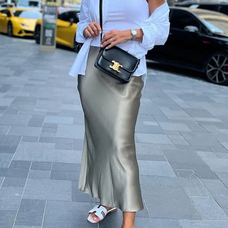 HH TRAF Women's Midi Skirt High Waisted Solid Sexy Satin Dress Tight Chic Elegant Women Mermaid Long Skirt Casual Bodycon Skirt