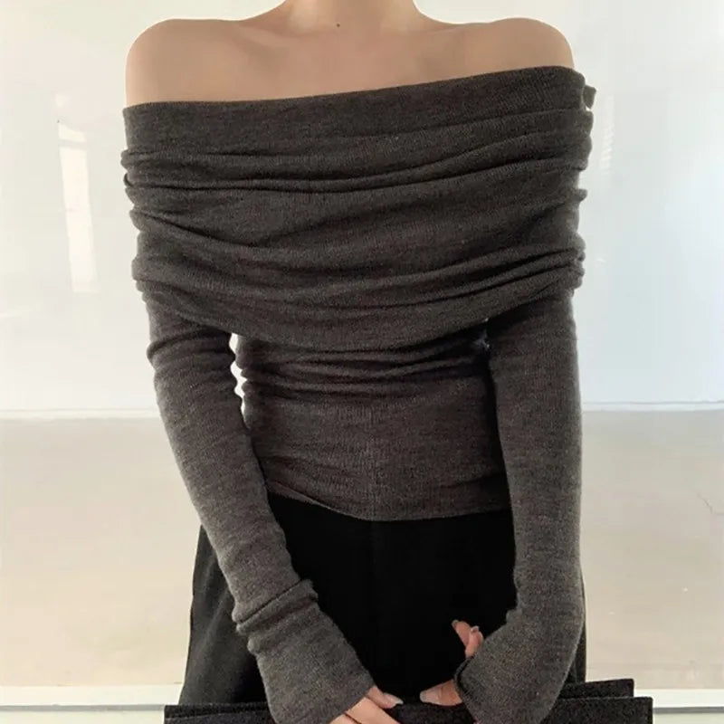 Women Off Shoulder Slash Neck Sweater Long Sleeve Knitwear Solid Thin Pullovers Office Lady Elegant Tops Women Fall Winter GREY One Size