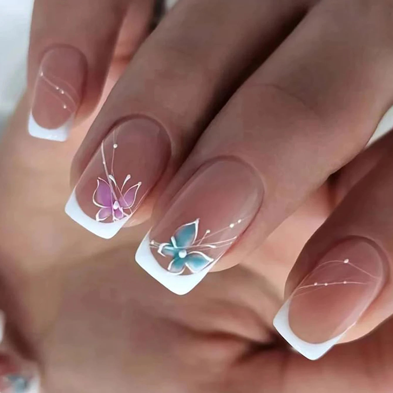 Instantly Upgrade Your Look With 24pcs-White-edged butterfly short square full-coverage false nail set QHW1468