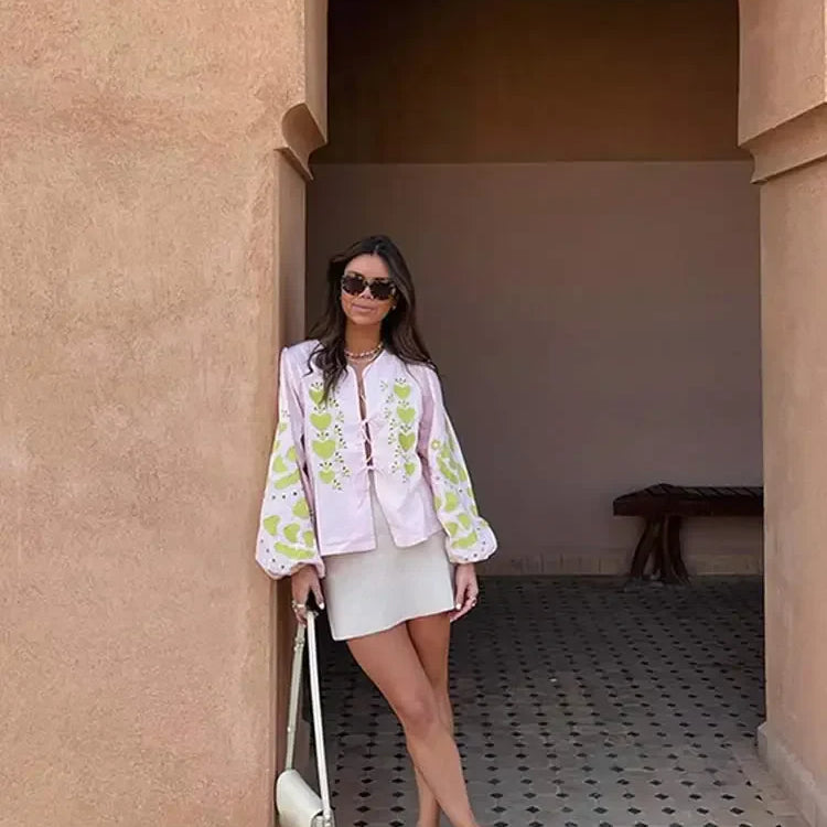 Women Casual Print Lace Up Long Sleeves Shirt Elegant Lady Loose Puff Sleeve Top Spring Fashion Female Commute Streetwear