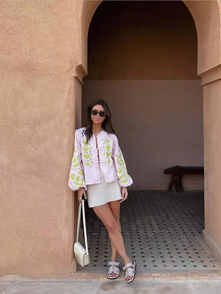 Women Casual Print Lace Up Long Sleeves Shirt Elegant Lady Loose Puff Sleeve Top Spring Fashion Female Commute Streetwear