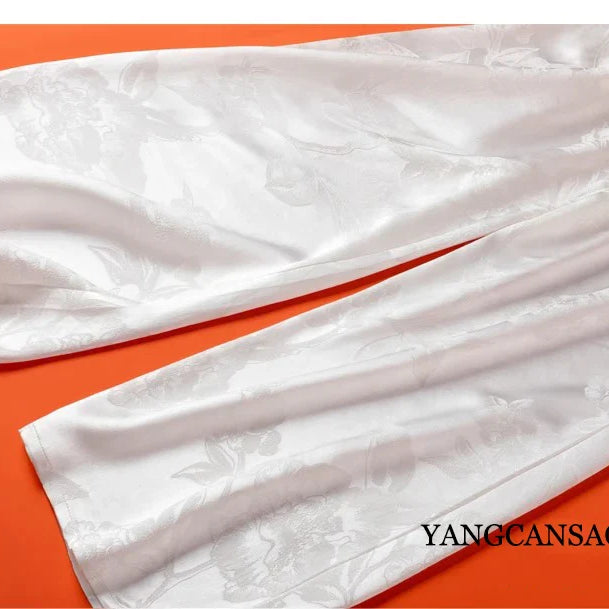 Women's Fashion Spring New 45MM Heavyweight 100%Natural Mulberry Silk Jacquard Satin White Versatile Wide Leg Pants