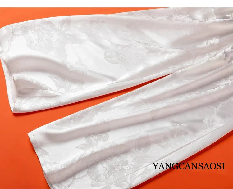 Women's Fashion Spring New 45MM Heavyweight 100%Natural Mulberry Silk Jacquard Satin White Versatile Wide Leg Pants
