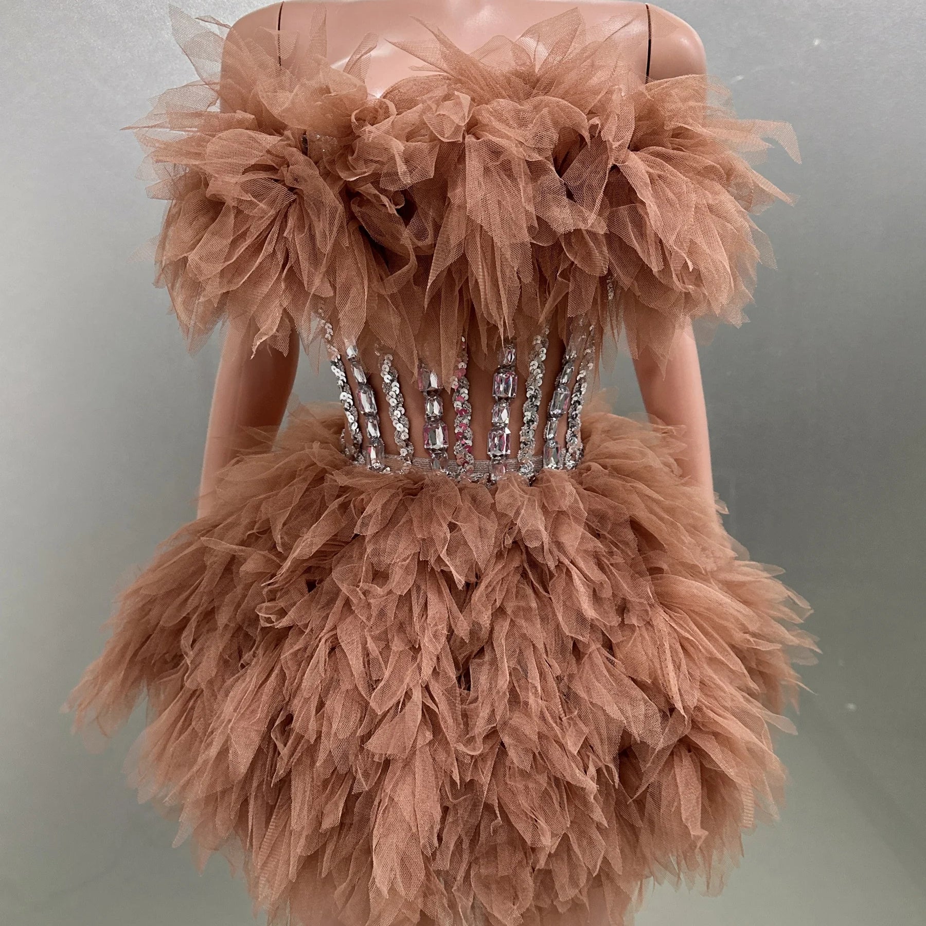 Hot Sale Women Sexy Mesh Ruffles Ball Gown Mini 2 Pieces Dress Lace-up Crystal Birthday Party Celebrate Nightclub Wear Brown